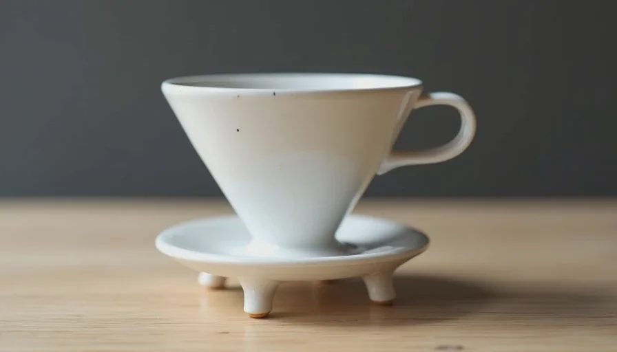 Baseline Image2.5 product shot of a matte white ceramic pour-over dripper on light wood with accurate proportions and dry glaze