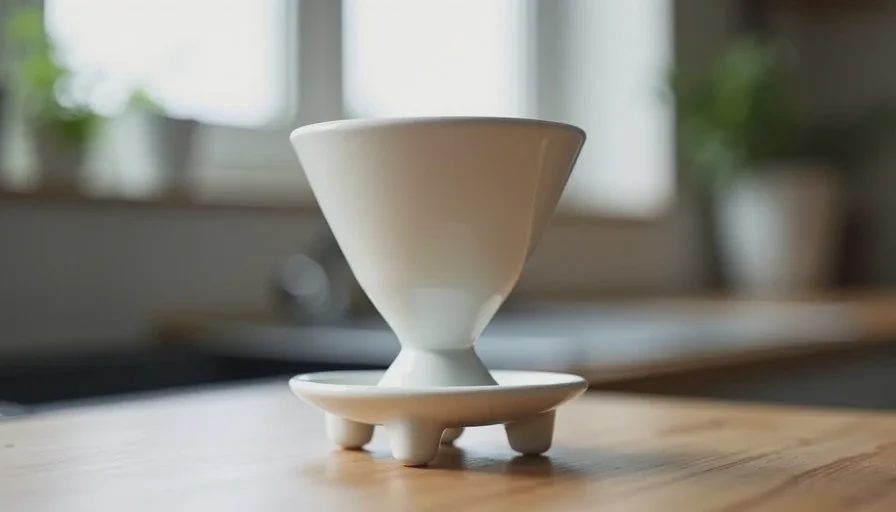 First Image2.5 result showing proportion and material issues First Image2.5 generation of a matte white ceramic pour-over coffee dripper on a light wood counter with soft window light