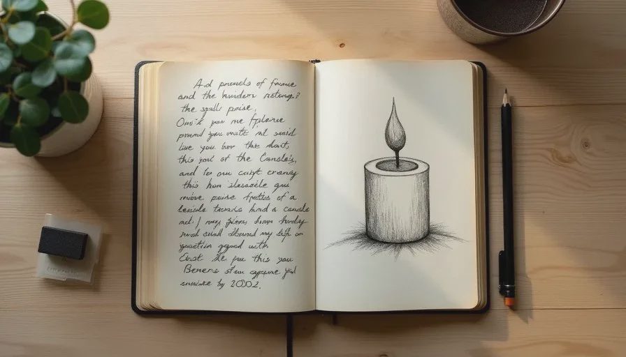 The rough idea stage before turning it into a clear Image2.5 brief Handwritten rough notes and a simple pencil sketch of a candle idea on kraft paper before any Image2.5 generation