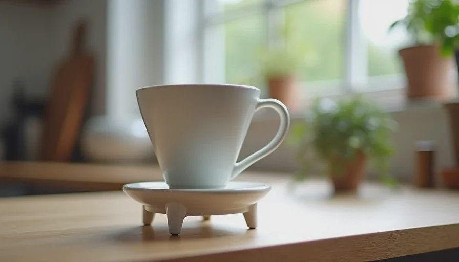 Final revised Image2.5 product image after prompt adjustments Revised Image2.5 product image of the same matte white ceramic pour-over dripper with corrected proportions and dry matte glaze