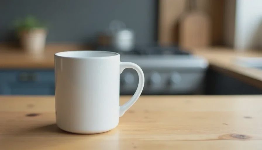 First beginner prompt result for a basic product test First simple Image2.5 generation of a white ceramic mug on a light wood table under soft side light