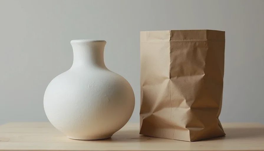 Side-by-side Image2.5 results of a dry matte ceramic vase and a dry kraft paper sleeve with honest surface texture and no plastic shine