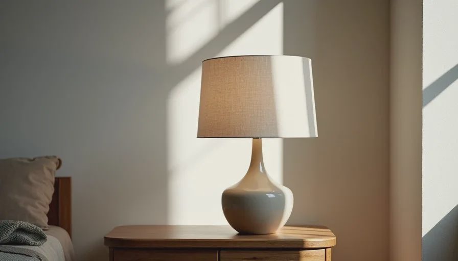 First Image2.5 generation of a ceramic table lamp with vague soft natural light, showing flat form and low contrast