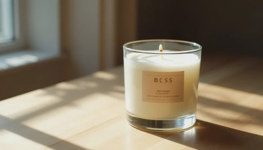 Usable Image2.5 result after converting the rough idea into a clear brief Final usable Image2.5 product image of a matte white soy candle in a glass jar on a light oak table under soft morning light