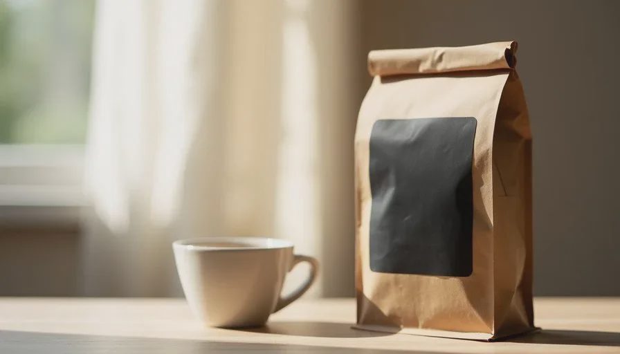 First social media visual attempt with Image2.5 before layout revisions First Image2.5 generation of a kraft coffee bag on wood with soft light, showing layout and legibility issues for social use