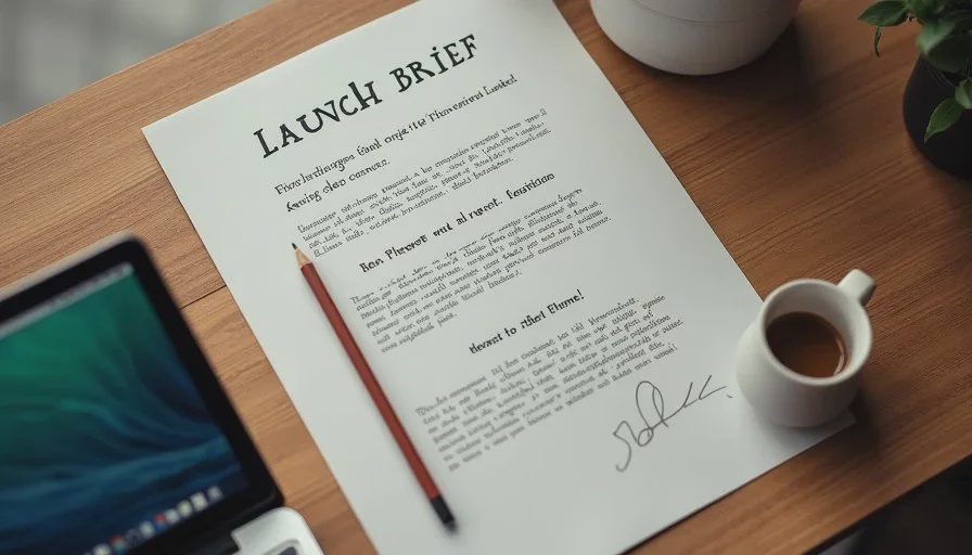 Stage 1 and 2: launch brief and locked product language before generating the set Early product launch workflow stage showing the written brief, locked product notes and first hero frame test on a wooden desk