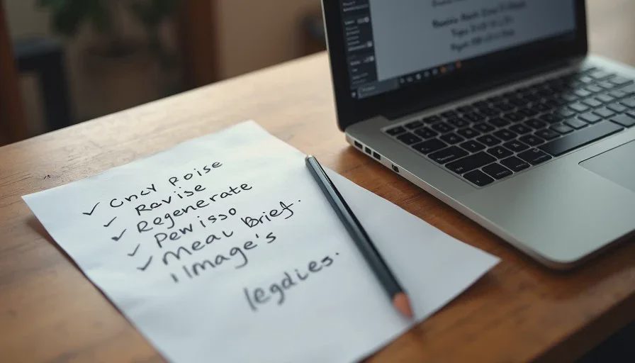 The three-way decision after every generation: revise, regenerate or restart Desk view of an Image2.5 generation beside handwritten notes deciding between revise, regenerate or new brief
