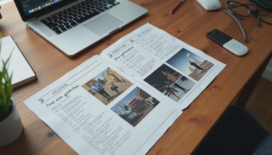 Stage 1 and 2: extracting decisions from the moodboard and writing the first prompt Early workflow stage showing a physical moodboard, handwritten decision list and first Image2.5 prompt test on a wooden desk