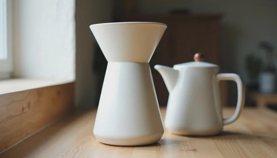 Final visual after decision extraction, targeted revisions and channel checks Final usable Image2.5 visual of a matte ceramic pour-over set on a light wood counter matching the moodboard decisions for material, light and composition